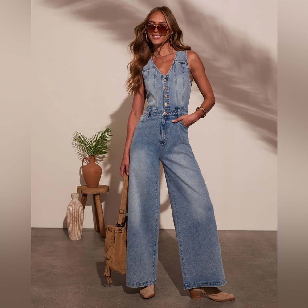 Western Mid Wash Denim Jumpsuit – Wide Leg One-Piece - Picture 1 of 10